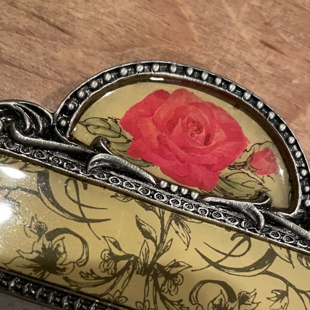 VTG Silver Metal Jeweled Frame Rose Yellow Floral Victorian Shabby Chic 4x6